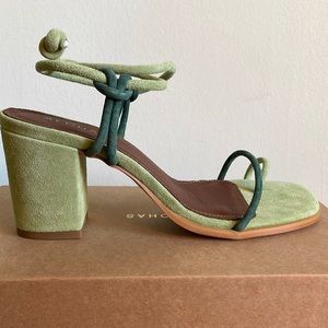 Grace Bicolor green suede ankle tie block heel sandals